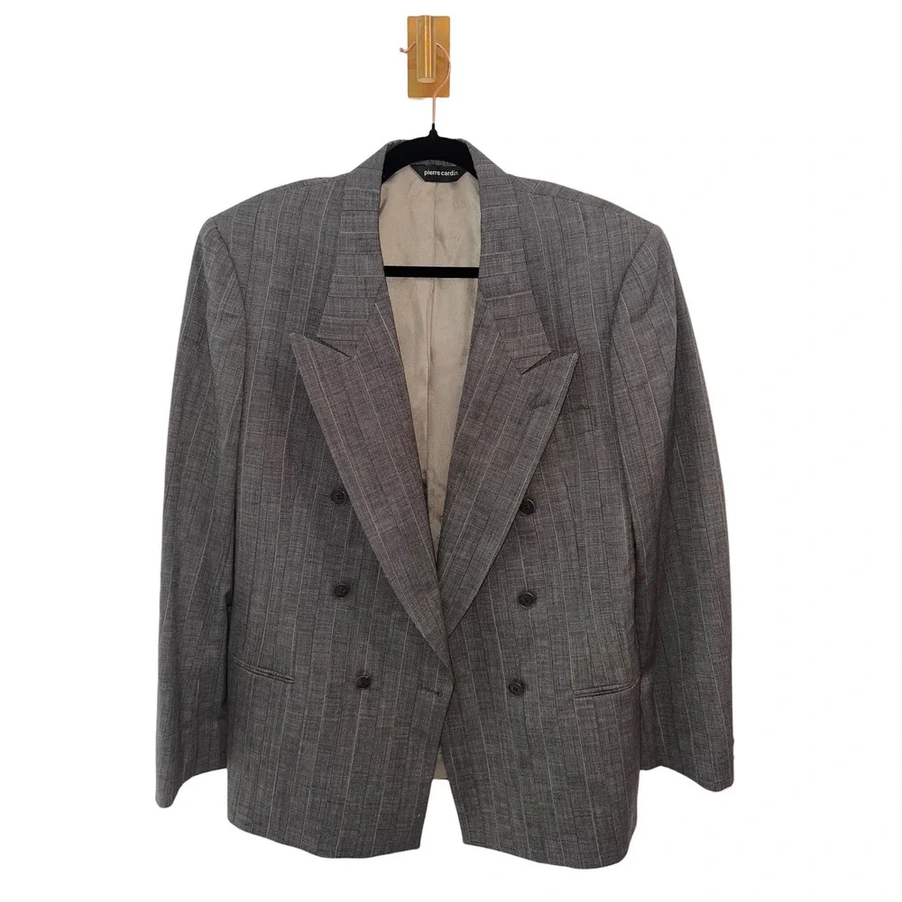 Vintage Pierre Cardin Blazer 100% Wool Pinstripe Double Breasted Gray Men's 40R